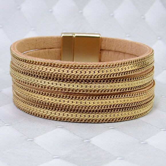 Wide gold chain bracelet with four rows of chain backed with a soft suede. - Picture 5 of 12